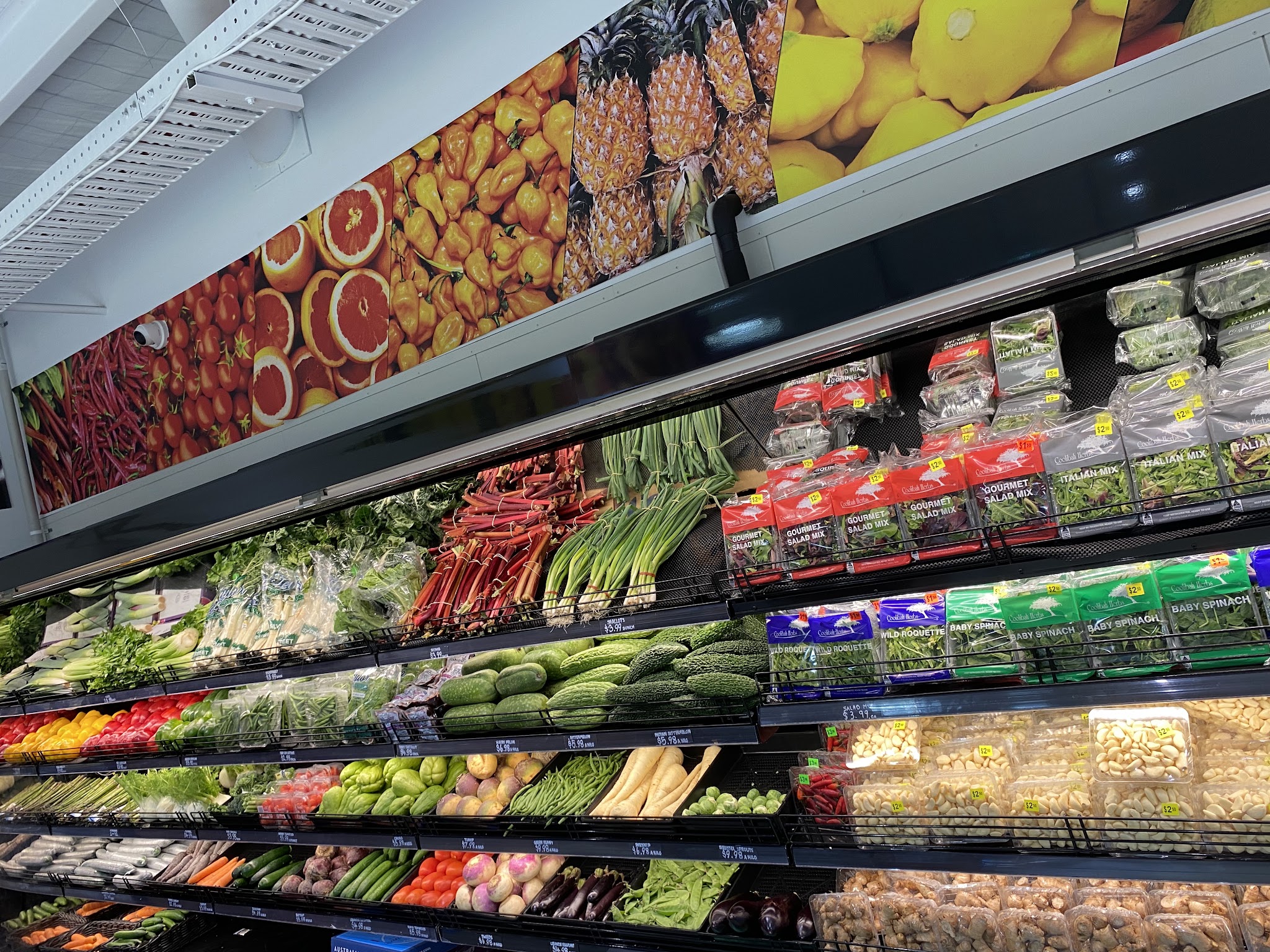 Refrigerated wall of herbs, salad mixes, beans and vegetables